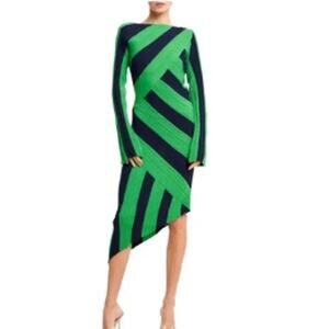 Ciebon Osha Directional Stripe Long Sleeve Asymmetric Knit Midi Dress Green S